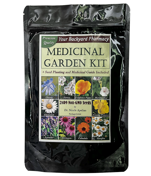 Medicinal Garden Kit product package with guide and herbal remedy bottles